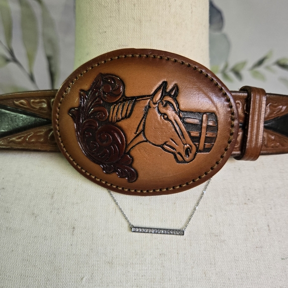 LOOPER | Vintage Hand-tooled Leather Belt & Buckle sz 36 - Picture 1 of 8